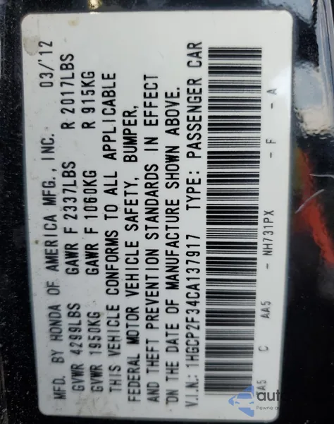 2012 Honda Accord Lx from USA, damaged, VIN 1HGCP2F34CA137917